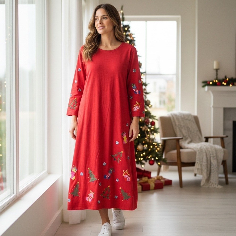 Michael Simon Lite XL Red Christmas Maxi Dress Embroidered Cotton Vintage 90s